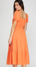 Load image into Gallery viewer, Tangerine Short Sleeve Ruched Waist Midi Dress
