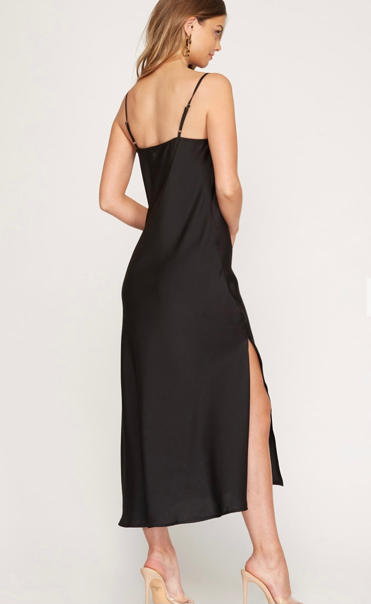 Classic Black Slip Dress with a Cowl Neckline
