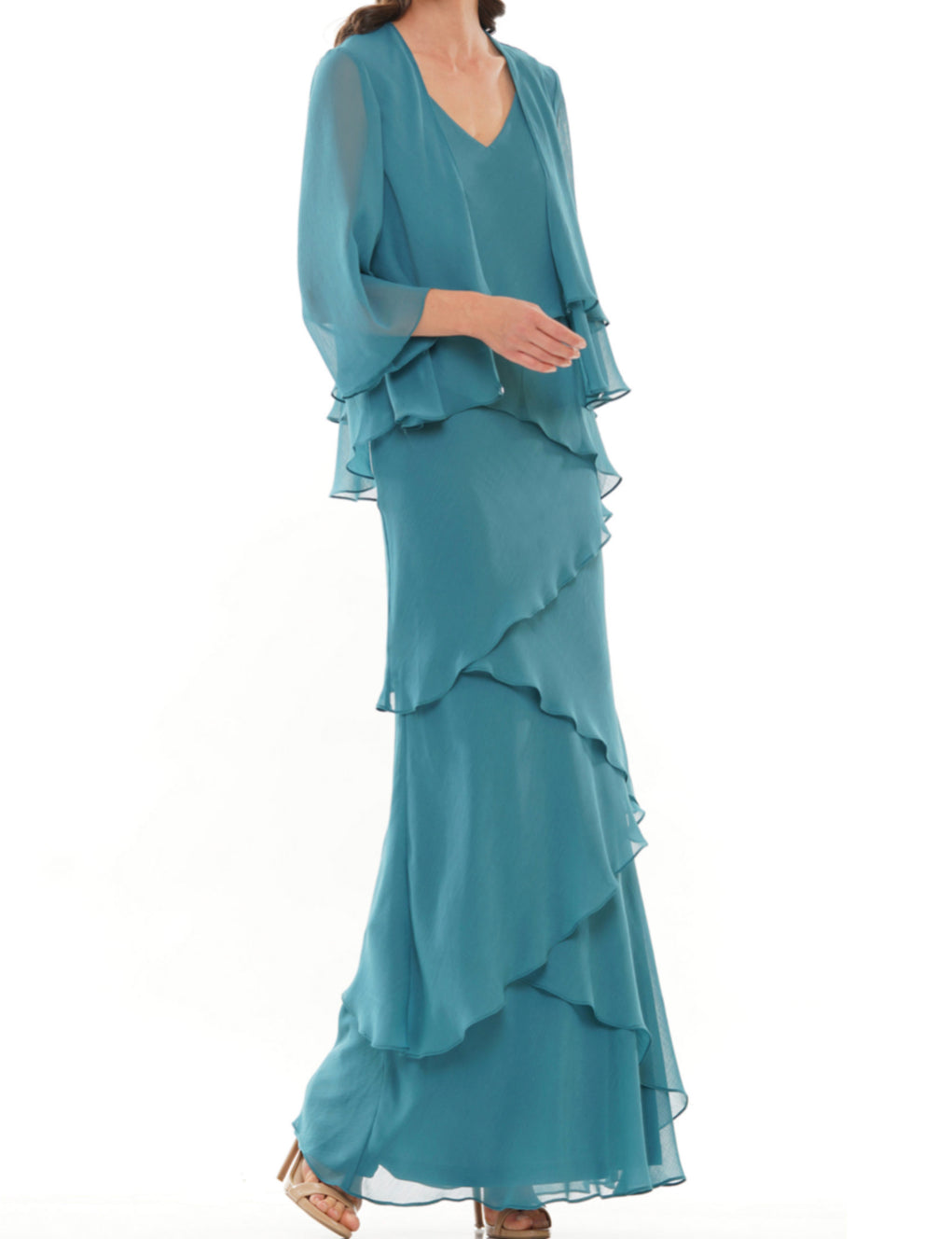 Teal Chiffon Layered Long Gown with Jacket