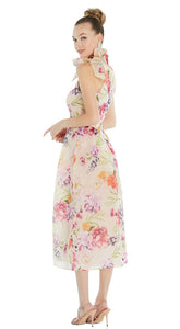 Dessy D833FP Scarf-Tie Halter Pink Floral Organdy Midi Dress