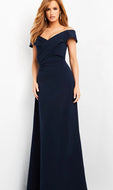 Jovani 06746 Navy Crepe Off the Shoulder Evening Dress