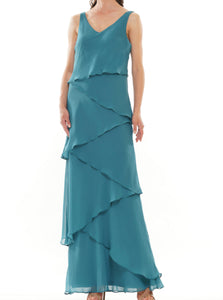 Teal Chiffon Layered Long Gown with Jacket