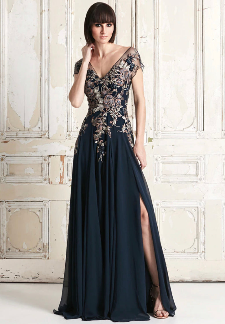 Alexander by Daymor 758 Navy chiffon Embroidered Gown