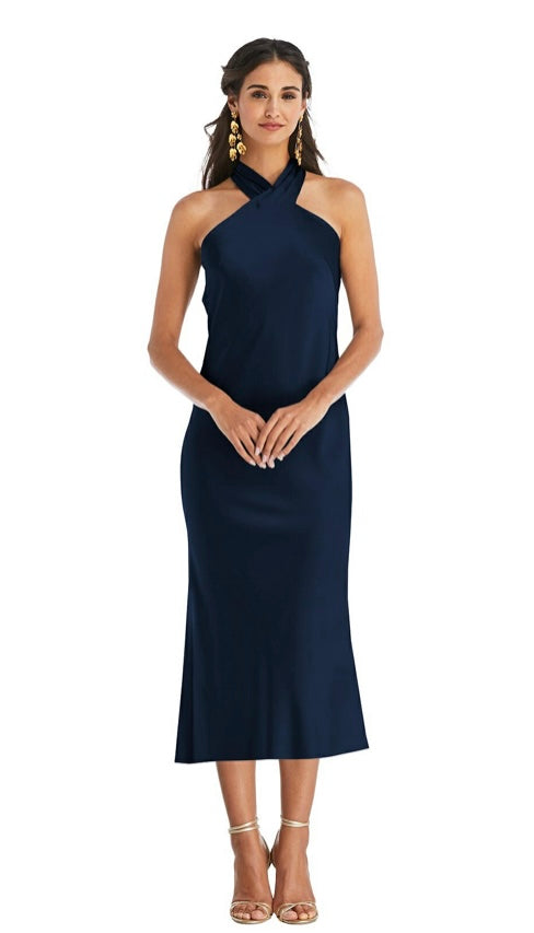 Dessy LB026 Navy Charmeuse Halter Dress with Ties