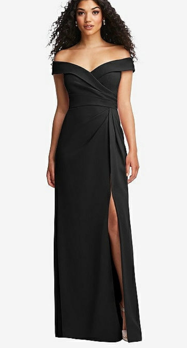 Dessy 6872 Off the Shoulder Pleated Faux Wrap Long Gown