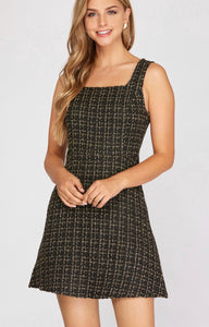 Black and Gold Tweed Fit and Flare Short Dress with Square Neckline