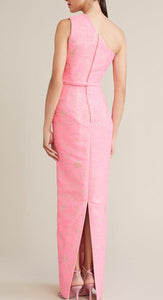 Audrey Brooks A6236 Pink Jacquard One Shoulder Long Gown