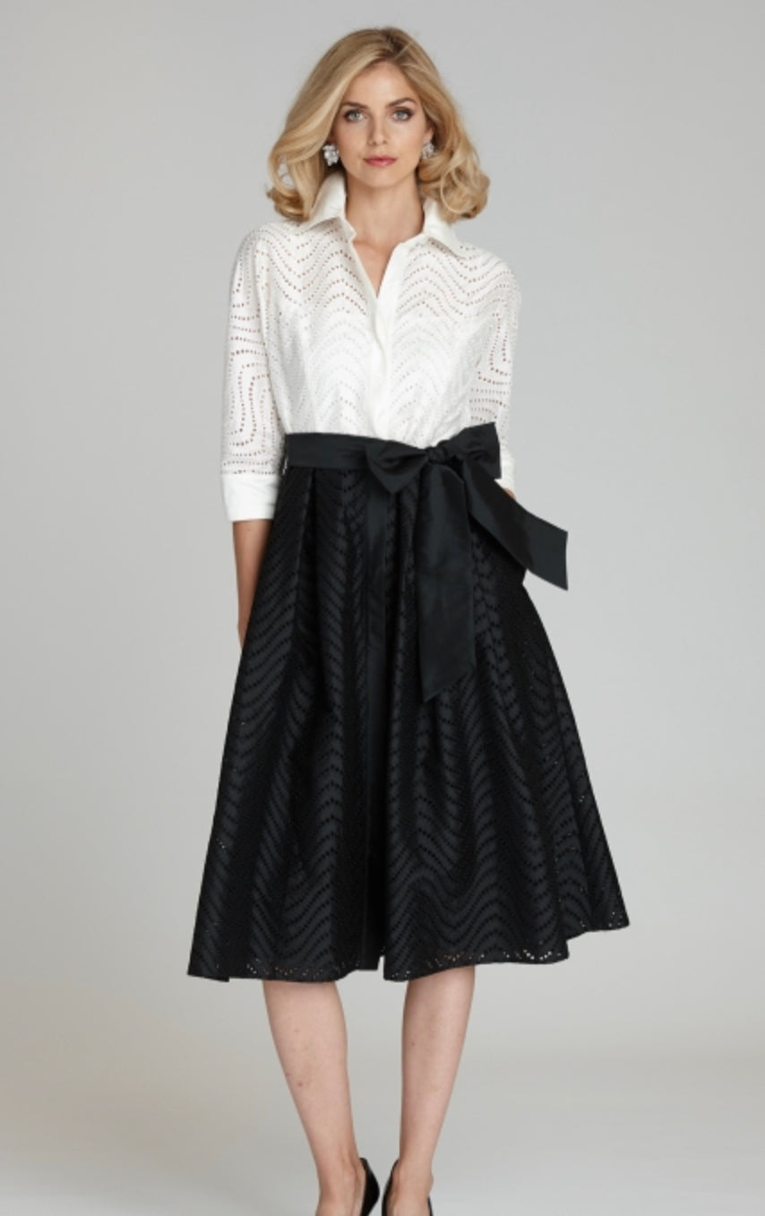 Teri Jon 209214 Long Sleeve Black and White Tea-Length Dress