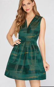 Green and Gold Sleeveless Fit and Flare Dress
