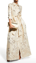 Load image into Gallery viewer, Teri Jon 207015 Champagne Metallic Jacquard Shirtdress Gown with Floral Print
