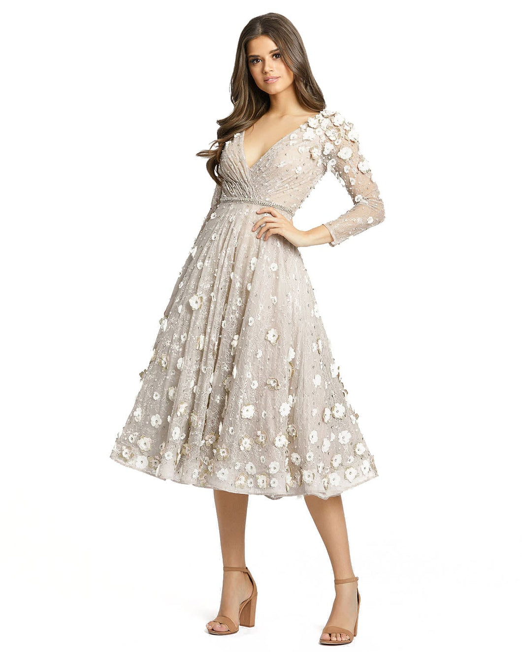 Macduggal 67387 Long Sleeved Tea Length dress with Floral detail