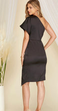 Load image into Gallery viewer, One Shoulder Black Satin Charmeuse Dress with Wrap Skirt
