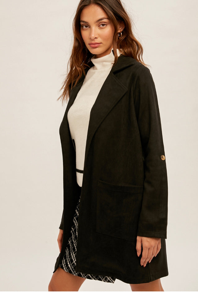 Black Faux Suede Open Jacket with Pockets