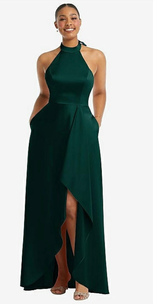 Dessy 3113 High Neck Tie Back Halter High Low Maxi Dress – Gigi's Closette  Ltd