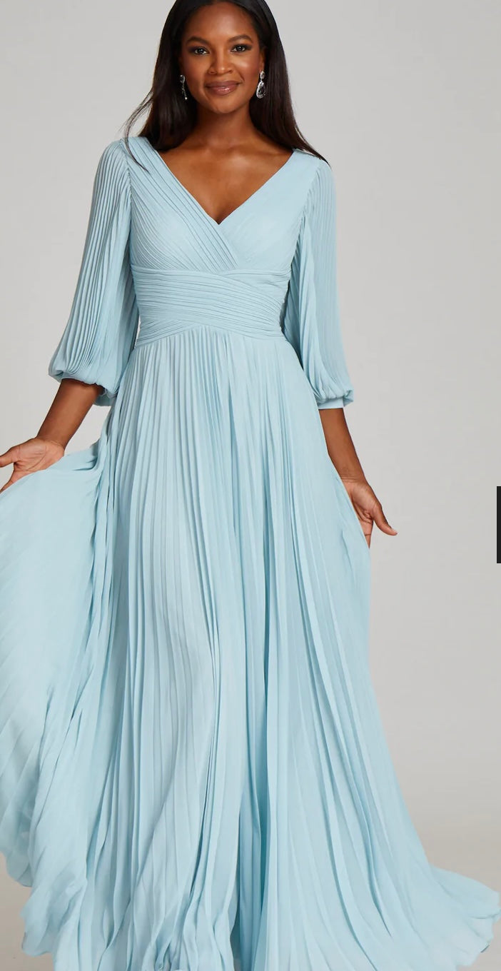 Teri Jon 209098 Powder Blue Chiffon Long Gown with Puff Sleeve Gigi's Closette Ltd. Teri Jon 209098 Powder Blue Chiffon Long Gown with Puff Sleeve Gigi's Closette Ltd.