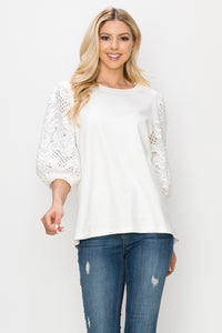 White Cotton Top with Couture Lace Sleeve