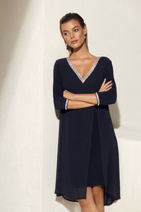 Navy Long Sleeved Cocktail Dress with Rhinestone Trim