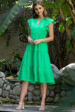 Load image into Gallery viewer, THML WCT1435 Green Flutter Sleeve Tiered Midi Dress
