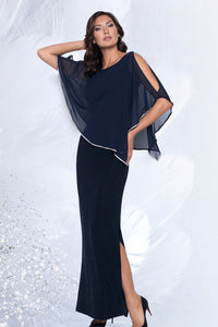 Navy Long Gown with Chiffon Overlay over Slimming Silhouette