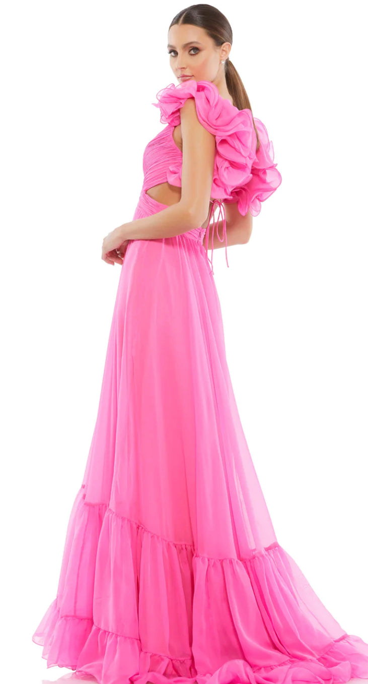 chiffon cutout ruffle maxi dress in pink Dark Pink Ruffle Tiered Cut-Out Chiffon Gown
