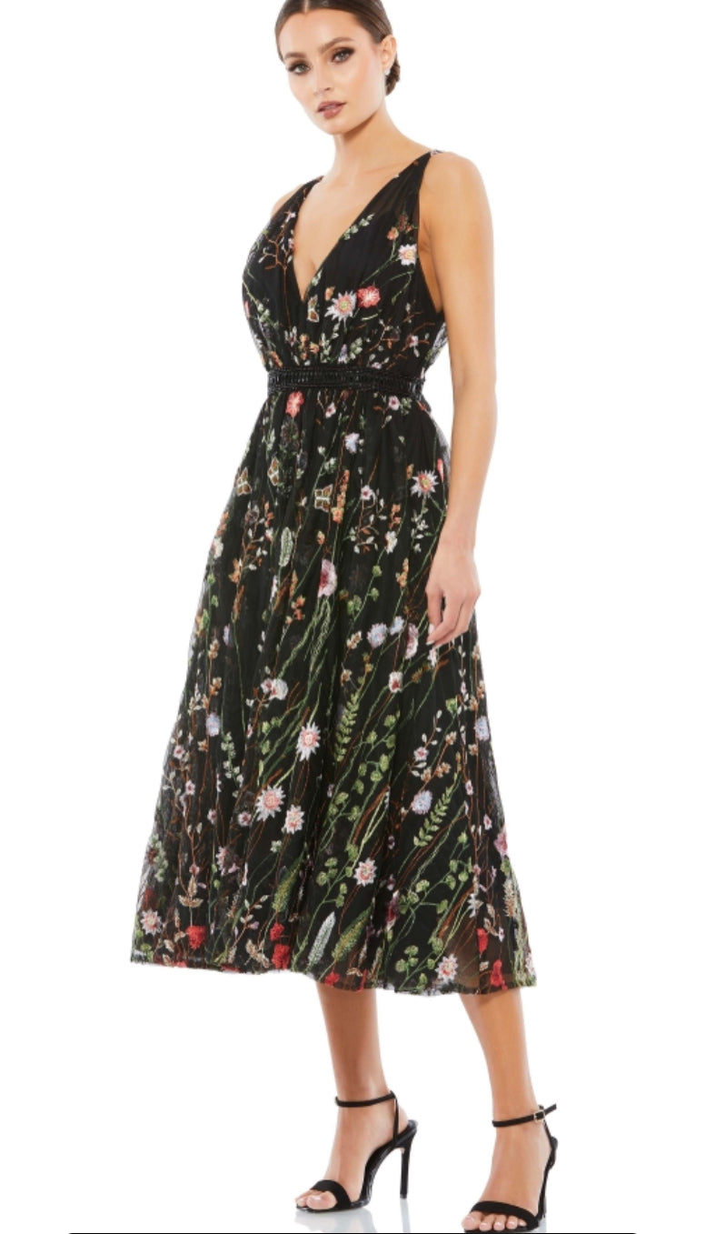 Macduggal 26557 V Neck Floral MIDI Dress