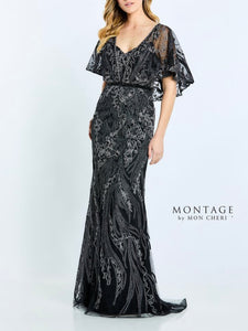Mon Cheri M511 Long Ribbon Lace Gown with Capelet