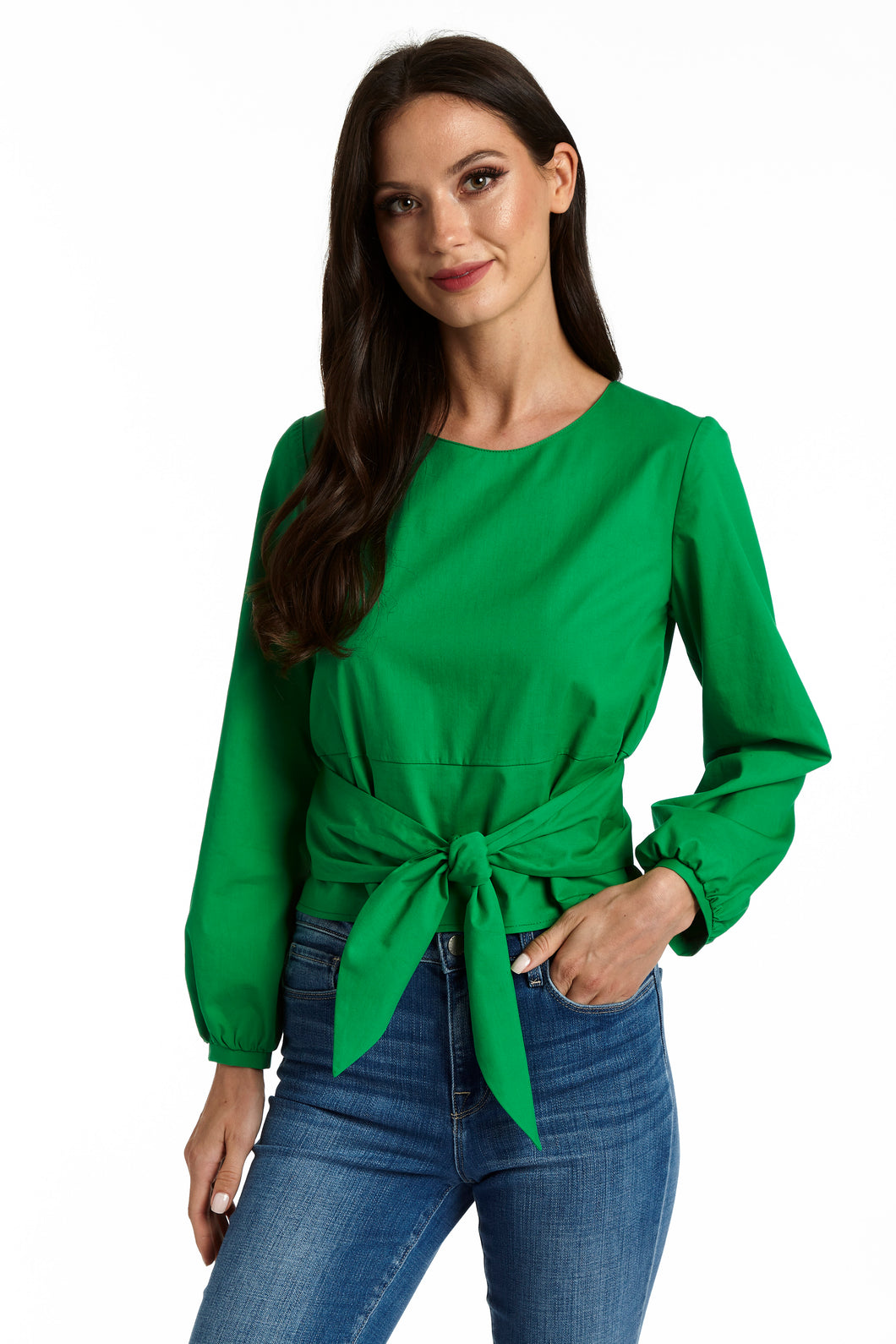 Drew Philips Claire Top in Kelly Green with Long Sleeve and Tie