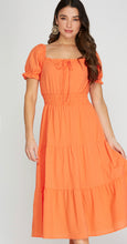 Load image into Gallery viewer, Tangerine Short Sleeve Ruched Waist Midi Dress

