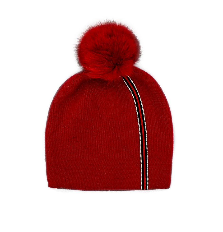 Red Hat with Fur Puff and ribbon/crystal Accent