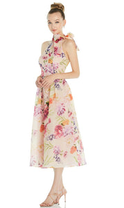 Dessy D833FP Scarf-Tie Halter Pink Floral Organdy Midi Dress