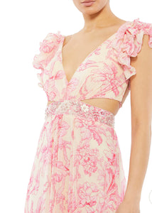 Macduggal Printed Ruffle Shoulder with Lace Up Back