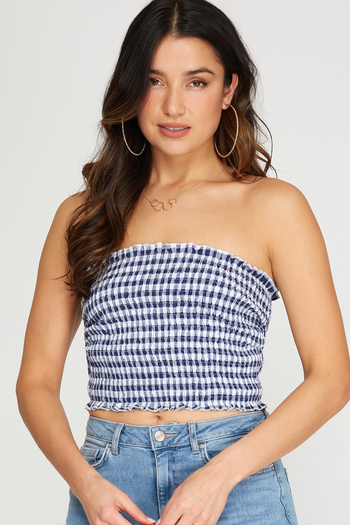 Strapless on sale gingham top