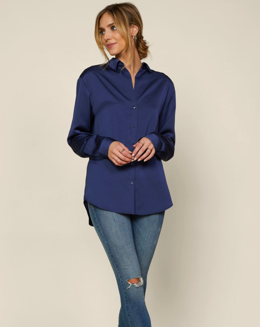 Navy Blue Long Sleeve Charmeuse Button Down