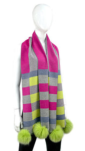 Mitchie’s Lime Woven Scarf with Stripes and Squares with Fur Pom Poms