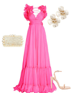 Macduggal 67911 Ruffle Tiered Cut-Out Chiffon Gown in Hot Pink Gigi's Closette Ltd. Macduggal 67911 Ruffle Tiered Cut-Out Chiffon Gown in Hot Pink Gigi's Closette Ltd.