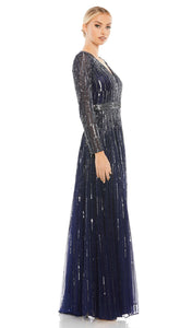 Macduggal 4977 Navy Long Sleeved V-Neck Long Gown with Sequined Detail