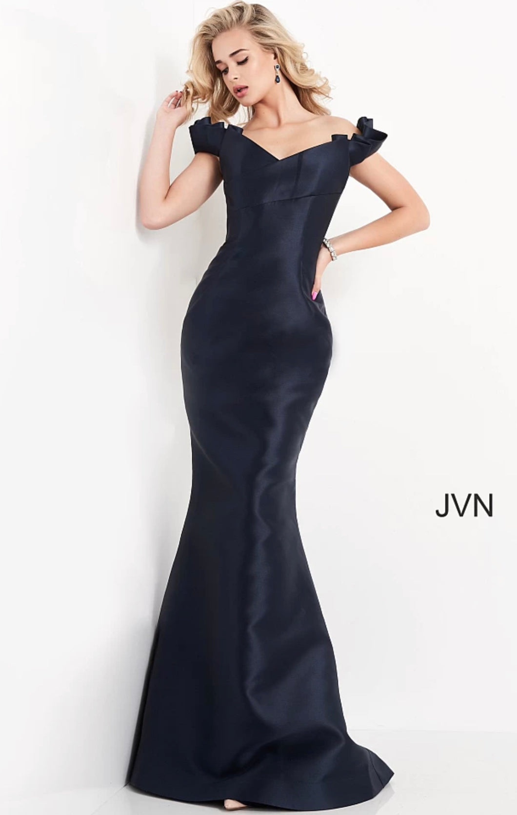 Jovani JVN04717 Navy Long Off the Shoulder Gown