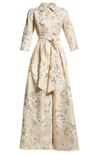 Load image into Gallery viewer, Teri Jon 207015 Champagne Metallic Jacquard Shirtdress Gown with Floral Print
