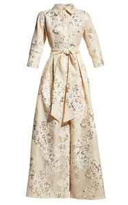 Teri Jon 207015 Champagne Metallic Jacquard Shirtdress Gown with Floral Print