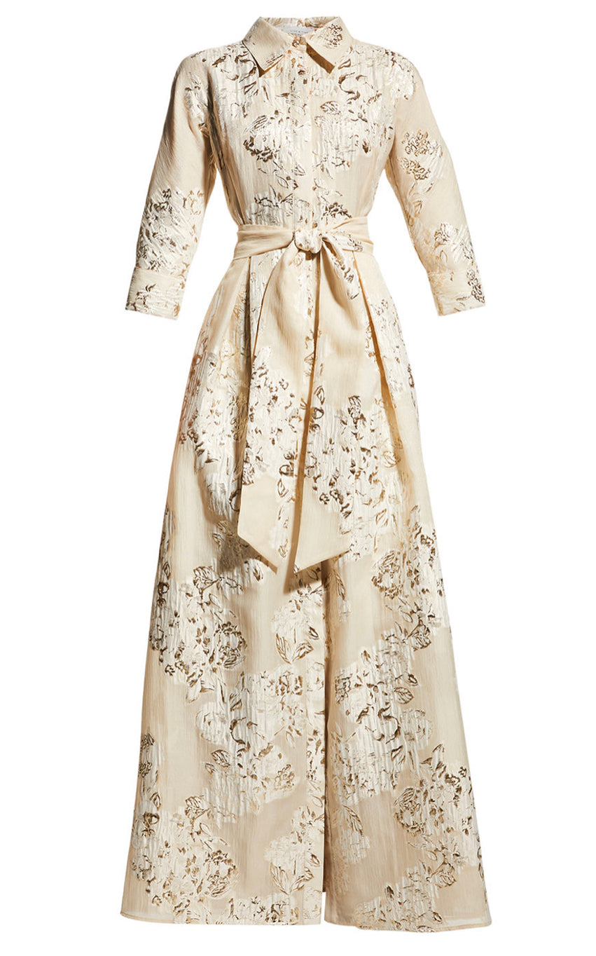 Teri Jon 207015 Champagne Metallic Jacquard Shirtdress Gown with Flora Gigi's Closette Ltd. Teri Jon 207015 Champagne Metallic Jacquard Shirtdress Gown with Flora Gigi's Closette Ltd.