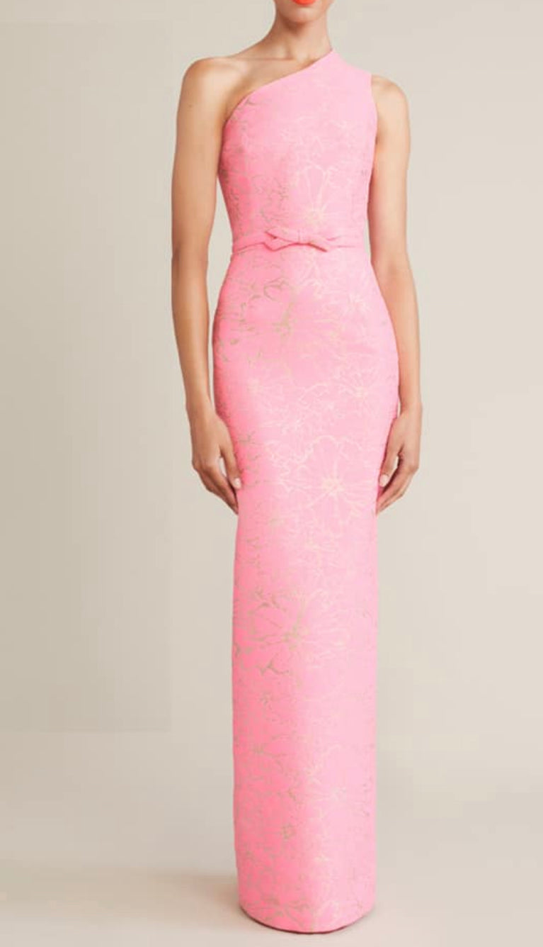 Audrey Brooks A6236 Pink Jacquard One Shoulder Long Gown