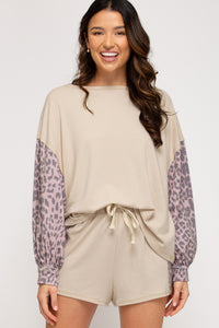 Tan Leopard Contrast Soft Knit Drawstring Shorts