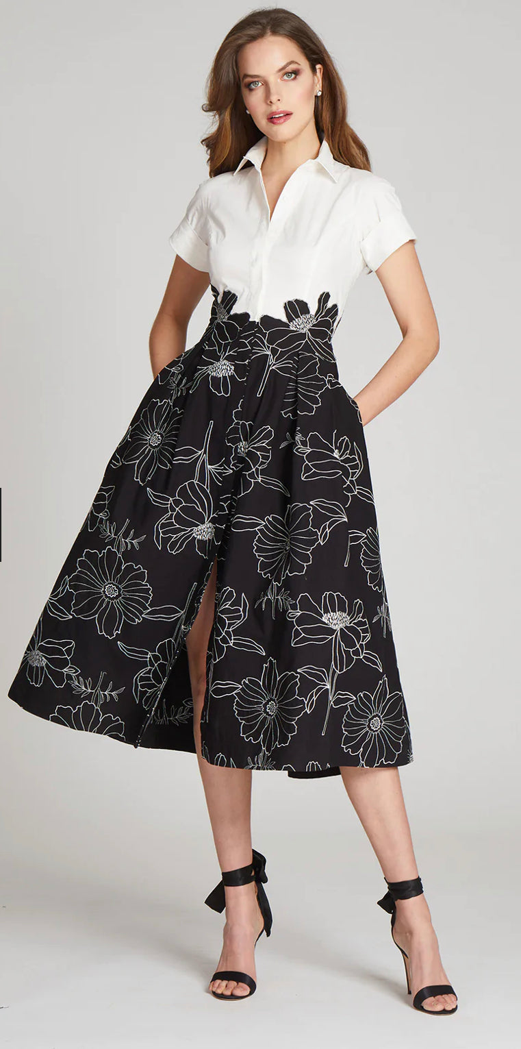Teri Jon 226217 Cotton Short Sleeve Shirt Dress with Embroidered Flower Skirt