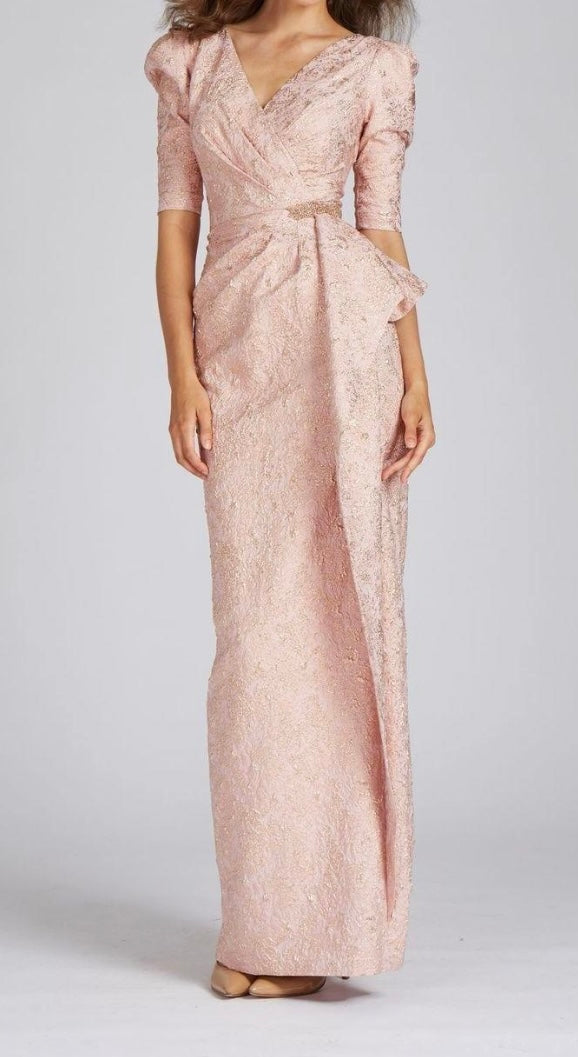 Teri Jon 229041 Blush Peplum Stretch Metallic Jacquard Gown with Beads –  Gigi's Closette Ltd