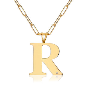 Block Initial & Diamond On Paper Clip Necklace