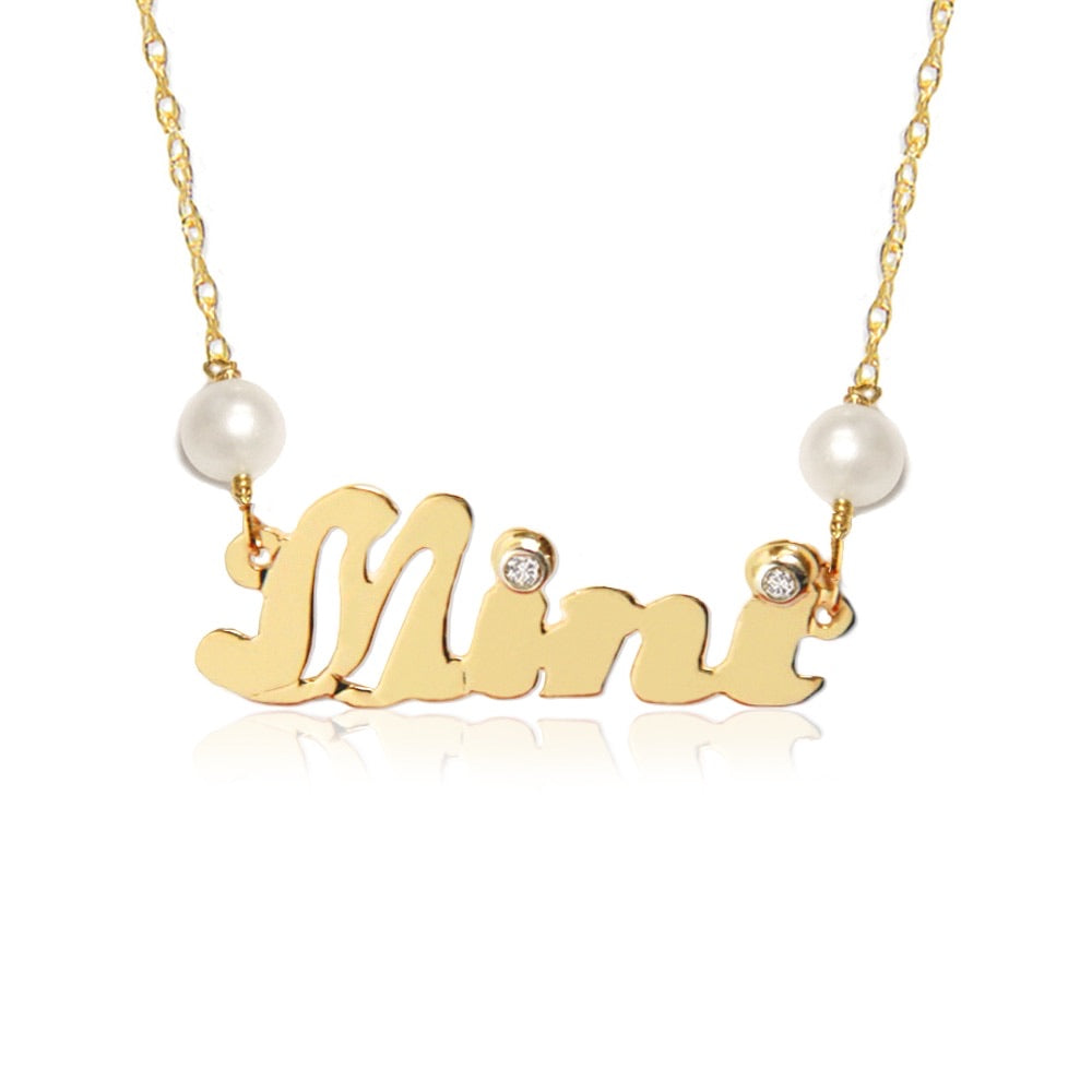 14KT Gold Diamond and Pearl Nameplate Necklace