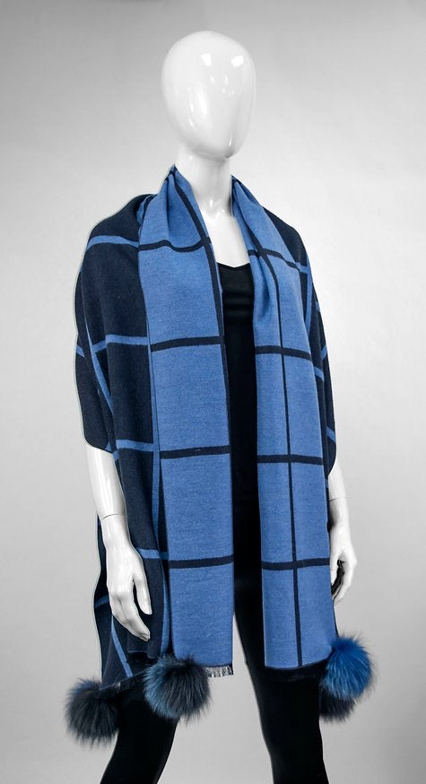 Navy and Marine Blue Woven Scarf with Fox Poms