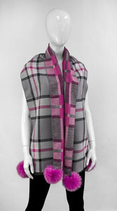 Pink and Grey designer plaid Viscose Scarf with Fox Poms.