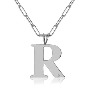 Block Initial & Diamond On Paper Clip Necklace